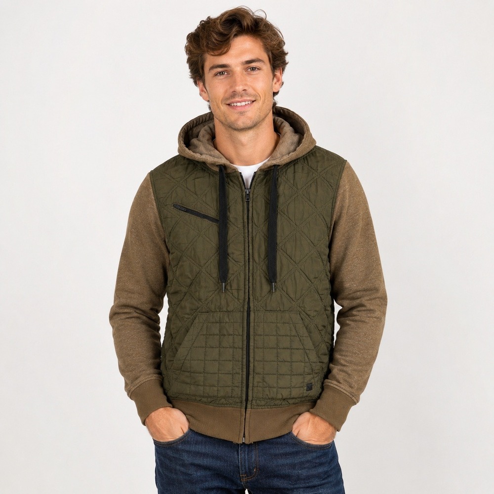 Hurley Men's Quilted Zip Hoodie Jacket XS‎ Olive Green Brown Surf Skate Style